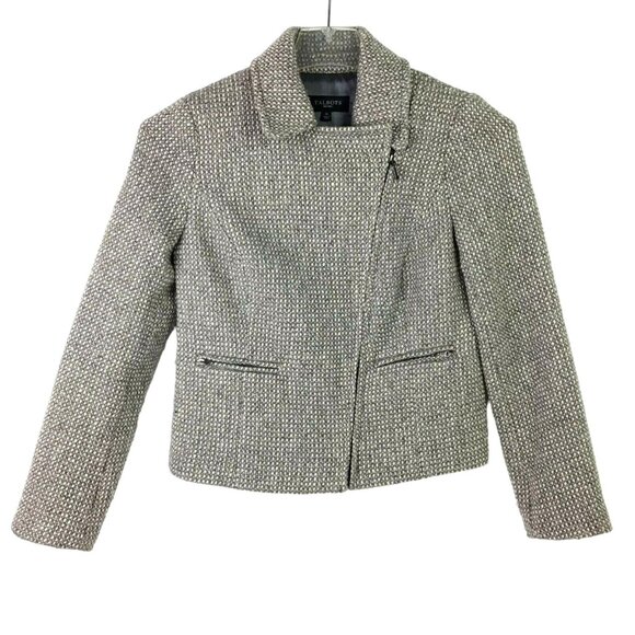 Talbots 2P Gray Tweed Moto Jacket Blazer Full Zip Wool Blend Pockets Metallic - Picture 2 of 14